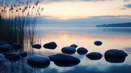 Aufkleber - A serene lakeshore with smooth stones and tall reeds, the water perfectly reflecting the soft hues of the evening sky.