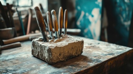 Poster - A set of sculpting tools embedded in a block of clay on a wooden workbench, capturing the process of artistic creation and craftsmanship.