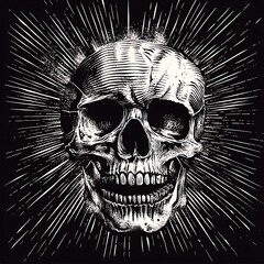 Wall Mural - Detailed skull illustration, dark background, radiating lines, for graphic design