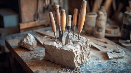 Poster - A set of sculpting tools embedded in a block of clay on a wooden workbench, capturing the process of artistic creation and craftsmanship.