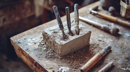 Poster - A set of sculpting tools embedded in a block of clay on a wooden workbench, capturing the process of artistic creation and craftsmanship.