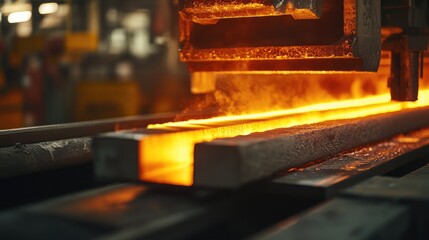 Aufkleber - A shot of a hot metal billet on the production line, being shaped with high heat and precision, highlighting the industrial intensity of the process.