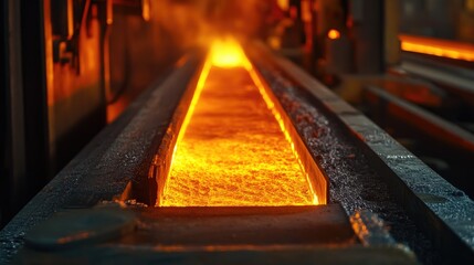 Poster - A shot of a hot metal billet on the production line, being shaped with high heat and precision, highlighting the industrial intensity of the process.