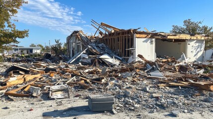 Poster - A side view of a destroyed building debris, with broken structure elements lying in disarray, emphasizing the destruction of the site.
