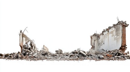 Aufkleber - A side view of structural ruins and debris from a destroyed building, set against a clean white background, symbolizing the aftermath of destruction.