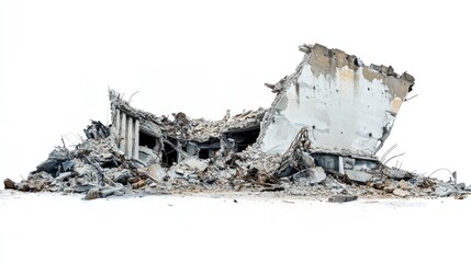 Aufkleber - A side view of structural ruins and debris from a destroyed building, set against a clean white background, symbolizing the aftermath of destruction.