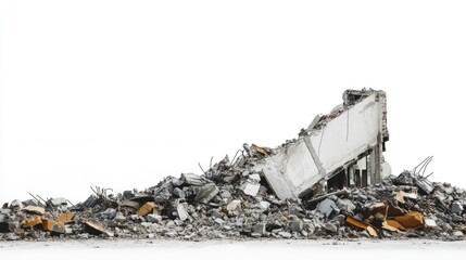 Aufkleber - A side view of structural ruins and debris from a destroyed building, set against a clean white background, symbolizing the aftermath of destruction.