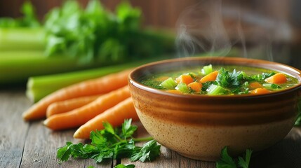 Poster - A steaming bowl of homemade vegetable soup in a ceramic bowl, surrounded by fresh carrots, celery, and herbs, set on a rustic wooden table.