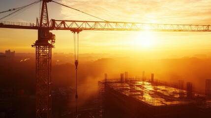Aufkleber - A stunning sunset view of a crane lowering materials on a construction site, with the golden light casting long shadows across the ground.