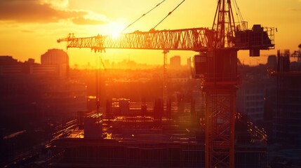 Aufkleber - A stunning sunset view of a crane lowering materials on a construction site, with the golden light casting long shadows across the ground.