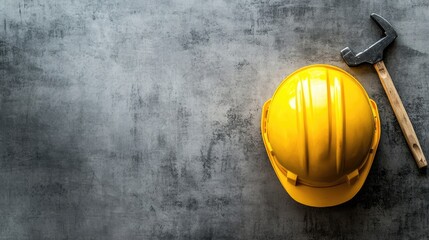 Poster - A symbolic image of a yellow helmet, hand tools, and a grey backdrop, capturing the spirit of Labor Day and the dedication of construction workers.