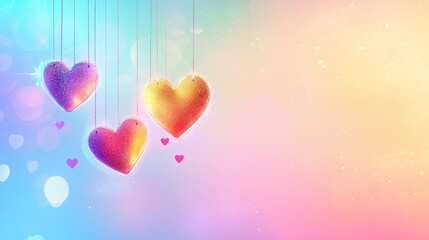 Poster - A Valentine's Day banner with luminous hearts on strings, softly glowing against a pastel gradient background, perfect for celebrating love.