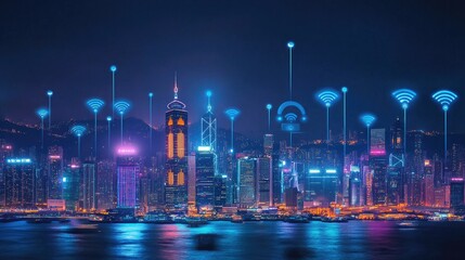 Aufkleber - A vibrant city skyline lit up at night, with WiFi signals represented as small connected circles, showcasing the digital connectivity of modern cities.