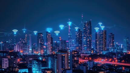Aufkleber - A vibrant city skyline lit up at night, with WiFi signals represented as small connected circles, showcasing the digital connectivity of modern cities.