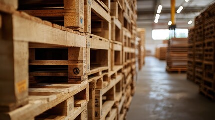 Aufkleber - A view of stacked wooden shipping pallets in a spacious warehouse, highlighting their role in warehouse management and inventory storage.
