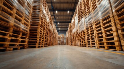 Aufkleber - A view of stacked wooden shipping pallets in a spacious warehouse, highlighting their role in warehouse management and inventory storage.