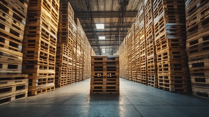 Aufkleber - A view of stacked wooden shipping pallets in a spacious warehouse, highlighting their role in warehouse management and inventory storage.