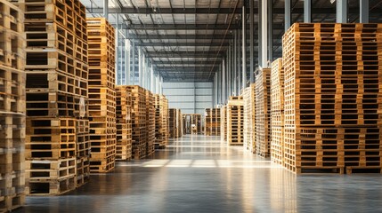 Aufkleber - A view of stacked wooden shipping pallets in a spacious warehouse, highlighting their role in warehouse management and inventory storage.