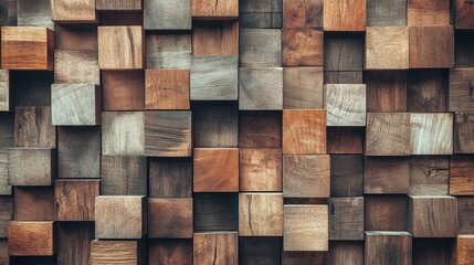 Poster - A visually appealing wooden block wall with a mix of natural tones and sizes, creating a contemporary and textured design with an organic feel.