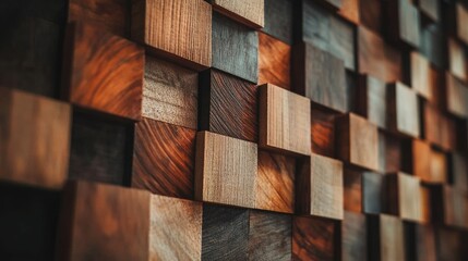Poster - A visually appealing wooden block wall with a mix of natural tones and sizes, creating a contemporary and textured design with an organic feel.