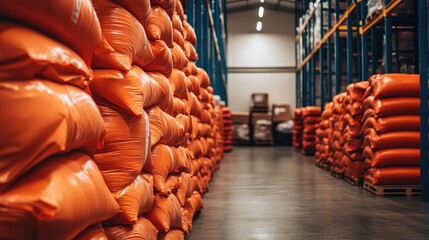 Poster - A warehouse setting with a large stack of vibrant orange bags, emphasizing the efficiency of inventory management in a commercial space.