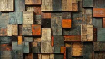 Poster - A visually appealing wooden block wall with a mix of natural tones and sizes, creating a contemporary and textured design with an organic feel.