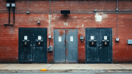 Poster - A weathered red brick wall with metal doors leading into a transformer area, blending industrial and historical elements in the architecture.
