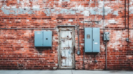 Poster - A weathered red brick wall with metal doors leading into a transformer area, blending industrial and historical elements in the architecture.