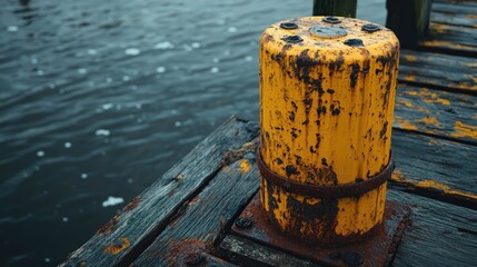 Poster - A weathered yellow bollard on an old dock, with visible rust, evoking the feeling of time-worn nautical equipment by the water's edge.