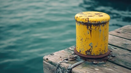 Poster - A weathered yellow bollard on an old dock, with visible rust, evoking the feeling of time-worn nautical equipment by the water's edge.