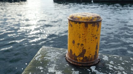 Poster - A weathered, yellow rusted bollard on a dock, surrounded by water and sunlight reflecting off the calm waves, giving a sense of nautical abandonment.