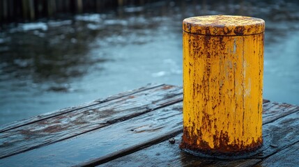 Poster - A weathered yellow bollard on an old dock, with visible rust, evoking the feeling of time-worn nautical equipment by the water's edge.