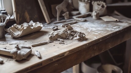 Aufkleber - A wooden workbench with sculpting tools embedded in clay, showcasing the detailed and artistic process of creation in the studio.