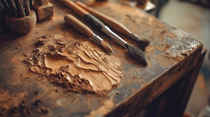 Aufkleber - A wooden workbench with sculpting tools embedded in clay, showcasing the detailed and artistic process of creation in the studio.