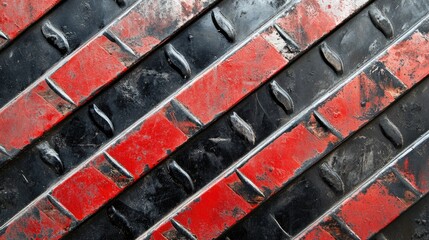 Poster - Abstract view of an industrial diamond plate surface with diagonal red, black, and white stripes, highlighting the rugged, textured surface.