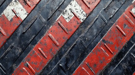 Poster - Abstract view of an industrial diamond plate surface with diagonal red, black, and white stripes, highlighting the rugged, textured surface.