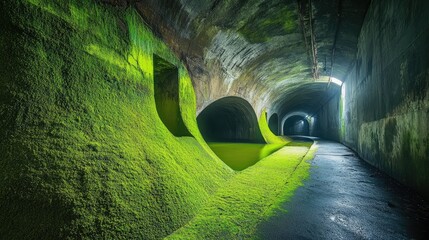 Poster - An abandoned industrial underground tunnel with damp, moss-covered walls and low lighting, creating a mysterious and eerie atmosphere.