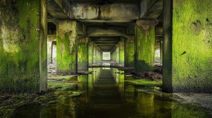 Poster - An abandoned industrial underground tunnel with damp, moss-covered walls and low lighting, creating a mysterious and eerie atmosphere.