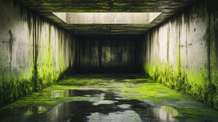 Poster - An abandoned industrial underground tunnel with damp, moss-covered walls and low lighting, creating a mysterious and eerie atmosphere.