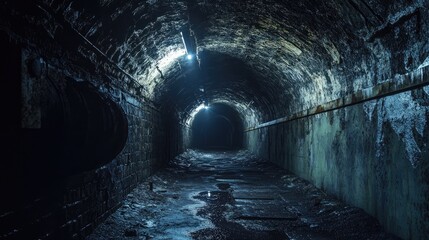 Aufkleber - An eerie, damp underground tunnel with haunting low lighting and industrial decay, giving off a chilling atmosphere in an abandoned site.