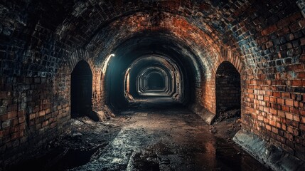 Aufkleber - An eerie, damp underground tunnel with haunting low lighting and industrial decay, giving off a chilling atmosphere in an abandoned site.