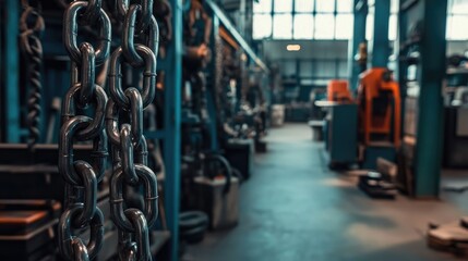 Poster - An industrial workshop filled with machinery and tools, with chain links in the foreground, showcasing the design and precision of metalwork.