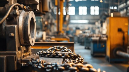 Poster - An industrial workshop filled with machinery and tools, with chain links in the foreground, showcasing the design and precision of metalwork.