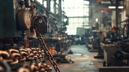 Poster - An industrial workshop filled with machinery and tools, with chain links in the foreground, showcasing the design and precision of metalwork.