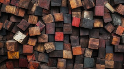 Poster - An intricate and visually captivating pattern of wooden blocks in various sizes and tones, creating a textural background that blends contemporary design with organic aesthetics.