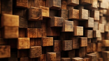 Poster - An intricate and visually captivating pattern of wooden blocks in various sizes and tones, creating a textural background that blends contemporary design with organic aesthetics.