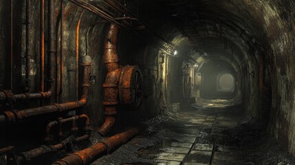 Aufkleber - An unsettling abandoned tunnel filled with rusted pipes and dim lighting, creating an eerie and industrial atmosphere of neglect and decay.