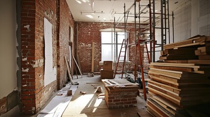 Poster - Bricks, blueprints, and scaffolding in a partially constructed home, emphasizing the building process and architectural planning.