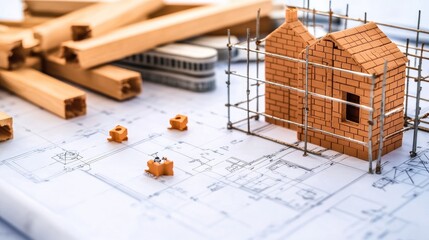 Poster - Bricks, scaffolding, and blueprints laid out on a construction site, symbolizing the planning and work that goes into building a new home.