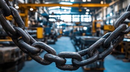 Poster - Chain links displayed prominently in an industrial workshop, with machinery and robots busy in the background, highlighting craftsmanship and technology.